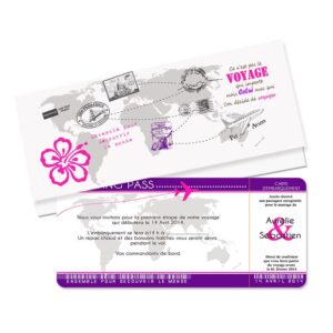 Faire-part billet d'avion "ensemble pour découvrir le monde" violet