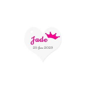 Etiquette à dragée forme coeur avec couronne fuschia