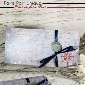 Faire part parchemin thème voyage