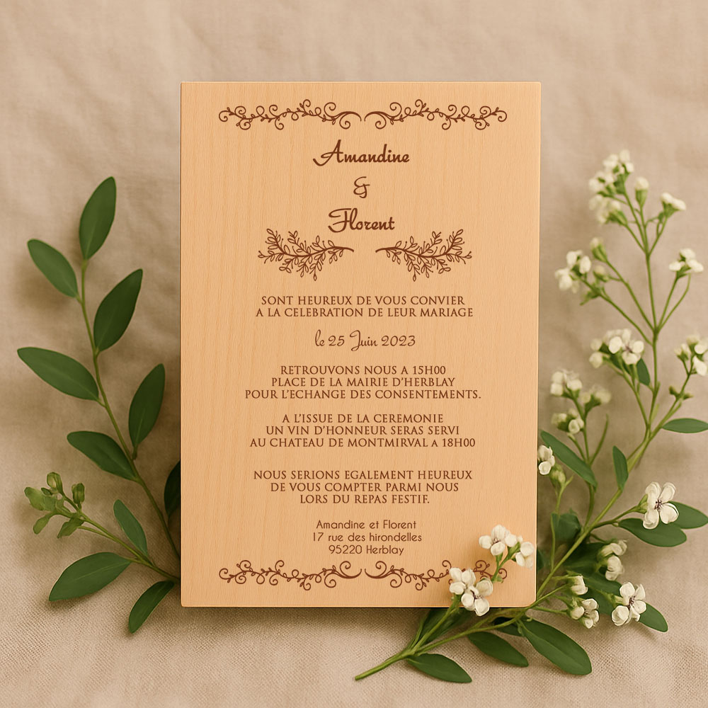 Faire-part en bois avec ornement nature