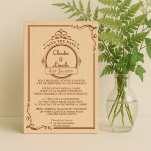 Faire-part en bois avec ornement cadre