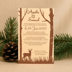 Faire-part en bois cerf dans le bois