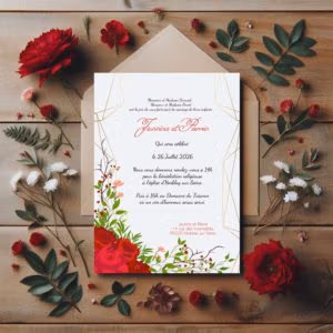 Faire part mariage champêtre - Fleur rouge
