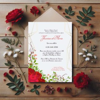 Faire part mariage champêtre - Fleur rouge