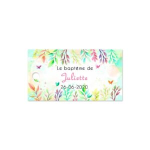 Etiquette à dragée baptême - fleur et papillon