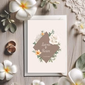 Faire-part mariage chic et élégant - Fleur de frangipanier et rose