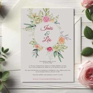 faire part de mariage floral vintage avec bouquet de roses pastel, design romantique et élégant