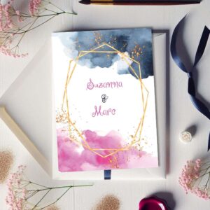 faire part de mariage aquarelle avec cadre doré géométrique, tons bleu et rose, design moderne et élégant