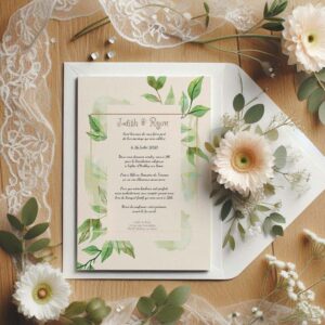 faire part de mariage végétal avec feuillages aquarelle verts, design nature et élégant