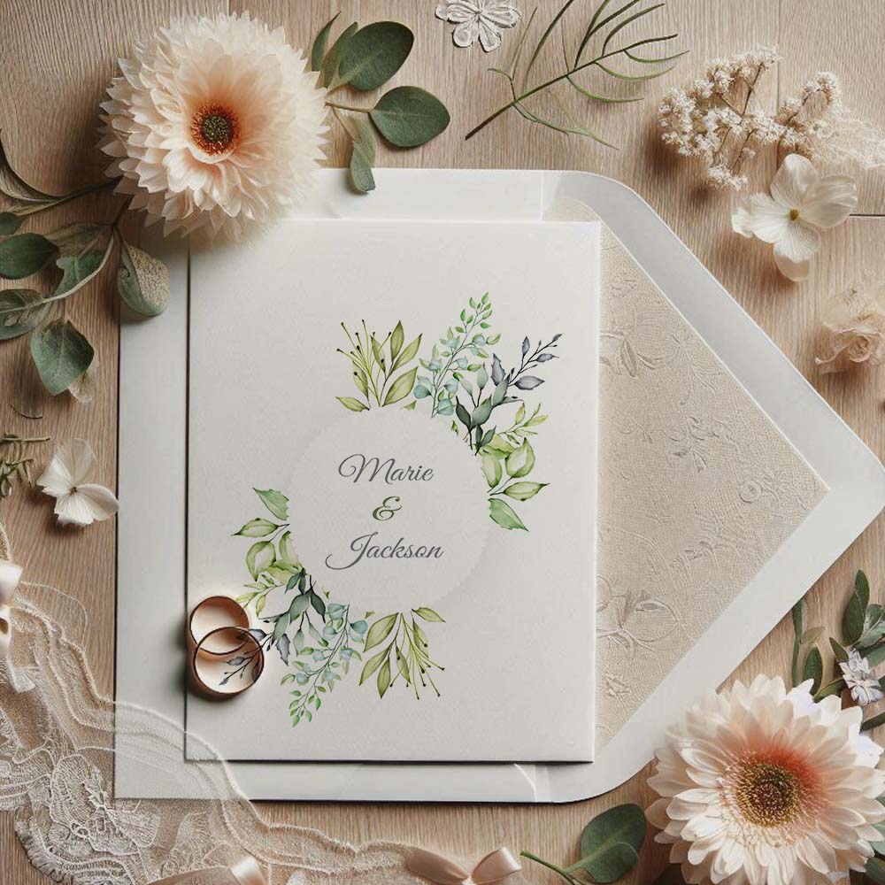 faire part de mariage végétal aquarelle avec feuillages verts et argentés, design nature et élégant