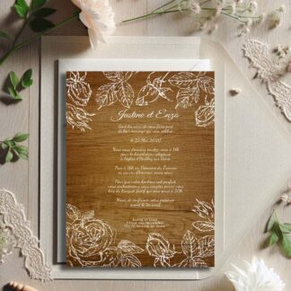 faire part de mariage effet bois avec motifs de roses blanches, design champêtre chic et naturel