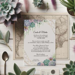 faire part de mariage avec succulentes aquarelle et cadre doré, design végétal chic et moderne
