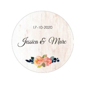 Étiquette adhésive – Fond bois et motif floral ( lot de 24 étiquettes )