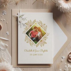 faire part de mariage champêtre avec cadre doré et photo personnalisée, design floral élégant et naturel