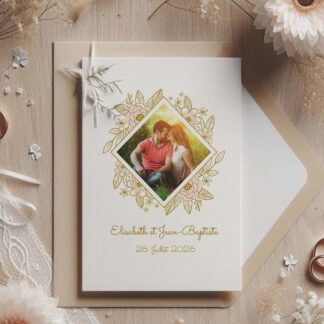 faire part de mariage champêtre avec cadre doré et photo personnalisée, design floral élégant et naturel