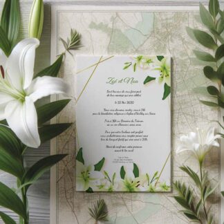 faire part de mariage floral avec lys blancs et feuillage vert, design élégant et naturel