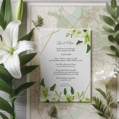 faire part de mariage floral avec lys blancs et feuillage vert, design élégant et naturel