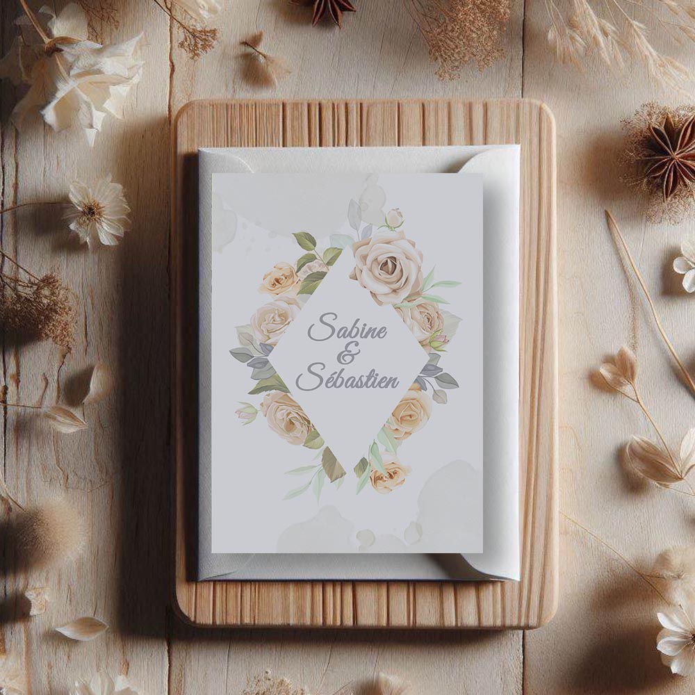 faire part de mariage floral vintage avec roses pastel et cadre géométrique, design romantique et élégant