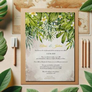 faire part de mariage tropical avec fleurs de frangipanier et feuillages aquarelle, design exotique et élégant