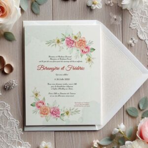 Faire-part de mariage floral chic et champêtre à moins d’un euro, orné de roses aquarelle dans des tons pastel. Un modèle romantique et élégant, parfait pour un mariage nature et raffiné.