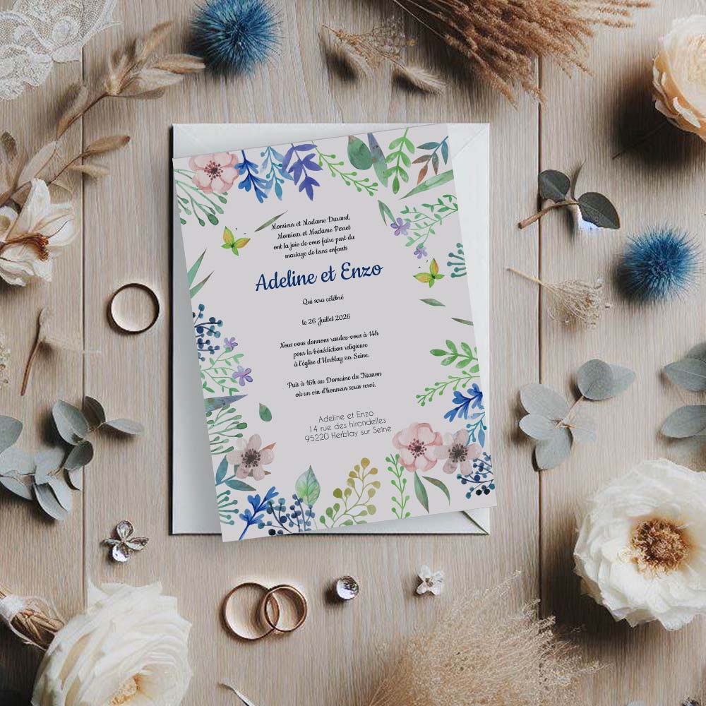 faire part de mariage printanier floral aquarelle avec feuillages et fleurs colorées, design champêtre et élégant