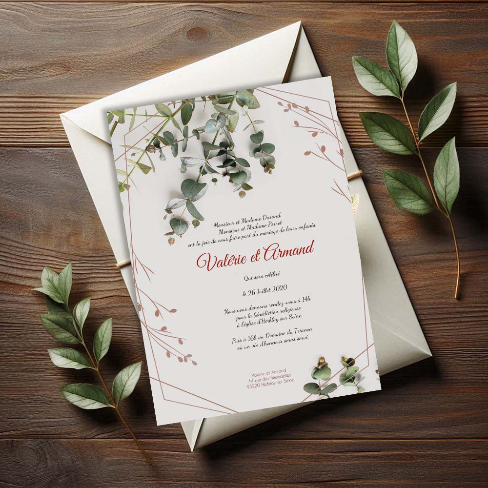 faire part de mariage végétal avec eucalyptus et cadre géométrique cuivré, design nature et élégant