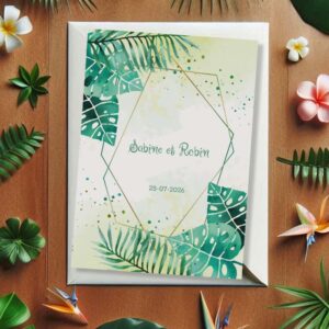 faire part de mariage tropical avec feuillages verts aquarelle et cadre doré, design exotique et élégant
