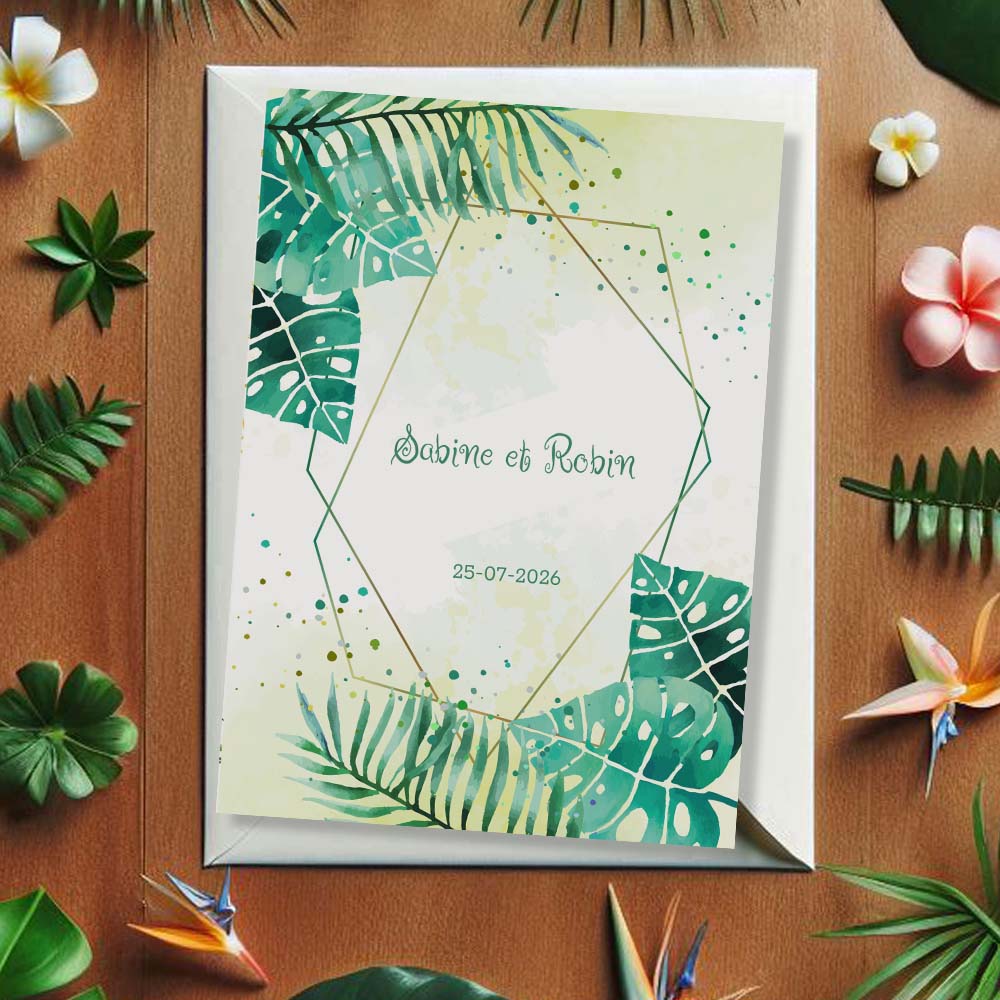 faire part de mariage tropical avec feuillages verts aquarelle et cadre doré, design exotique et élégant