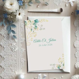 faire part de mariage bleu et doré aquarelle avec feuillages élégants, design chic et raffiné