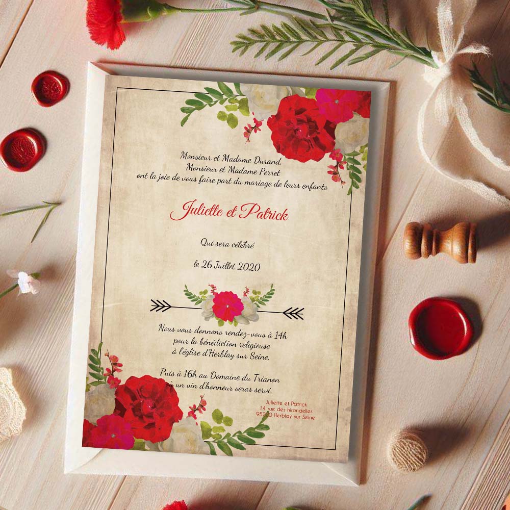 Faire-part de mariage - Champêtre vintage rouge