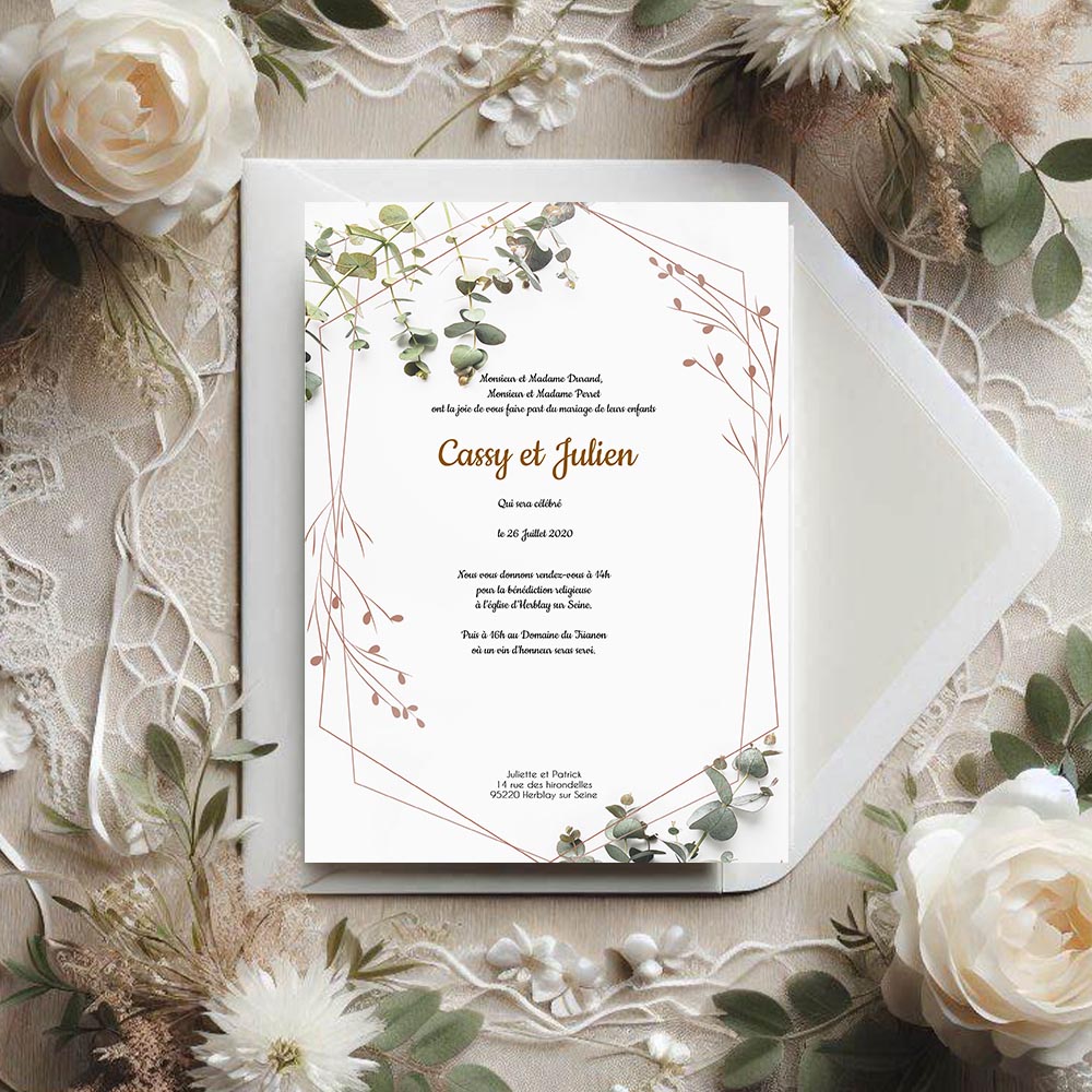 faire part de mariage nature avec eucalyptus et cadre doré, design floral élégant et champêtre chic