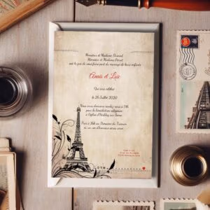 Faire-part de mariage vintage avec Tour Eiffel et fond effet parchemin. Un modèle romantique et parisien, idéal pour un mariage chic sur le thème du voyage ou de l’amour.
