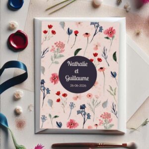 faire part de mariage bohème floral aquarelle, fond rose et fleurs colorées, design romantique et moderne