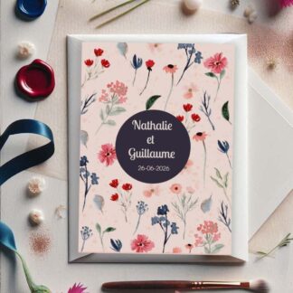 faire part de mariage bohème floral aquarelle, fond rose et fleurs colorées, design romantique et moderne