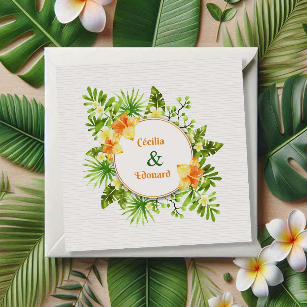 Faire-part de mariage exotique à moins d’un euro, orné de fleurs tropicales et feuillages verts. Un modèle coloré et élégant, parfait pour un mariage estival ou à thème tropical.