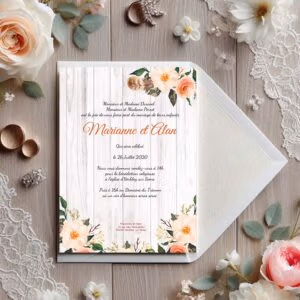 faire part de mariage floral champêtre avec fleurs pêche et plume, fond bois blanchi élégant