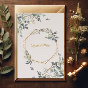 faire part de mariage nature avec feuillages eucalyptus et cadre doré, design élégant et champêtre chic