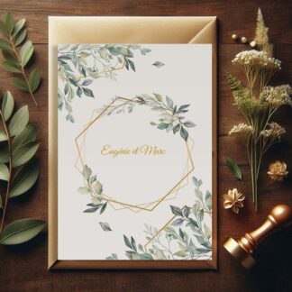faire part de mariage nature avec feuillages eucalyptus et cadre doré, design élégant et champêtre chic