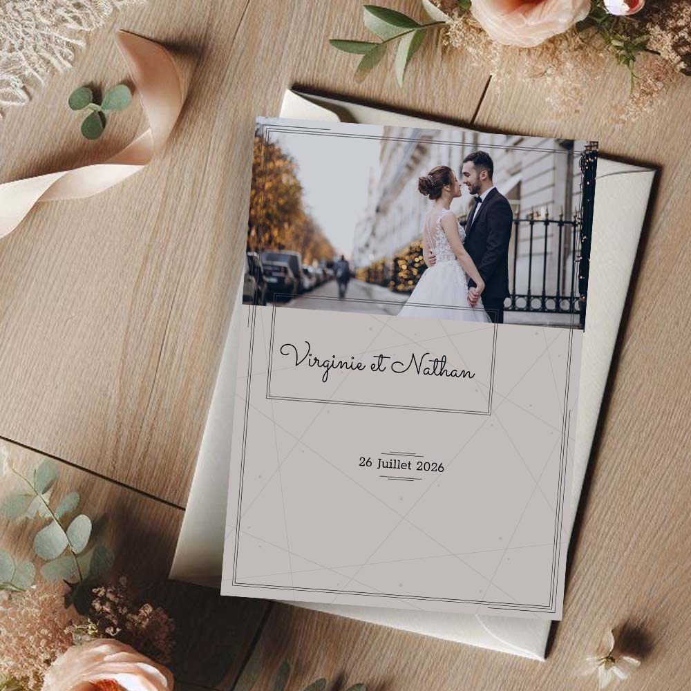 faire part de mariage moderne avec fond effet lin et photo, design élégant et naturel