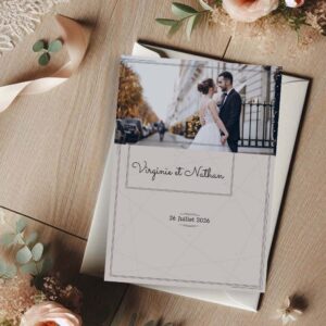 faire part de mariage moderne avec photo et lignes géométriques, design élégant et minimaliste
