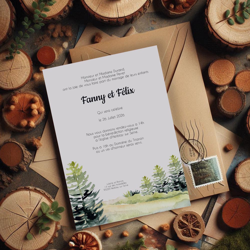 faire part de mariage forêt aquarelle avec sapins verts, design nature et champêtre élégant