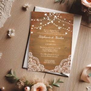faire part de mariage bois et dentelle blanche avec guirlandes lumineuses, design champêtre chic et romantique