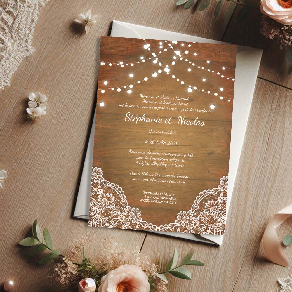 faire part de mariage bois et dentelle blanche avec guirlandes lumineuses, design champêtre chic et romantique