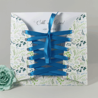 Faire-part pochette corset champêtre bleu vert