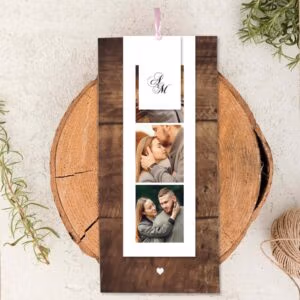 faire part de mariage en bois avec bande photomaton et ruban, modèle original et naturel