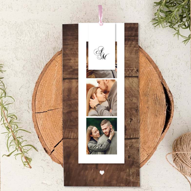 faire part de mariage en bois avec bande photomaton et ruban, modèle original et naturel