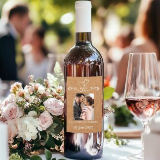 Etiquette bouteille de vin - Fond kraft et coeur blanc ( vendu par 4 )
