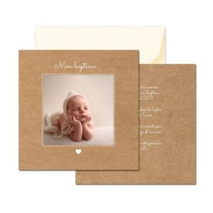 Faire-part baptême - Kraft et coeur blanc