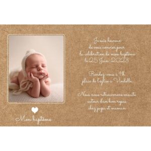 Faire-part de baptême magnet - Kraft et coeur blanc
