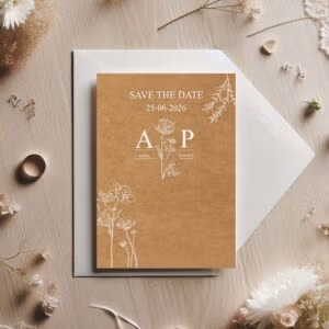 faire-part mariage champêtre en papier kraft avec fleurs blanches, modèle élégant et naturel